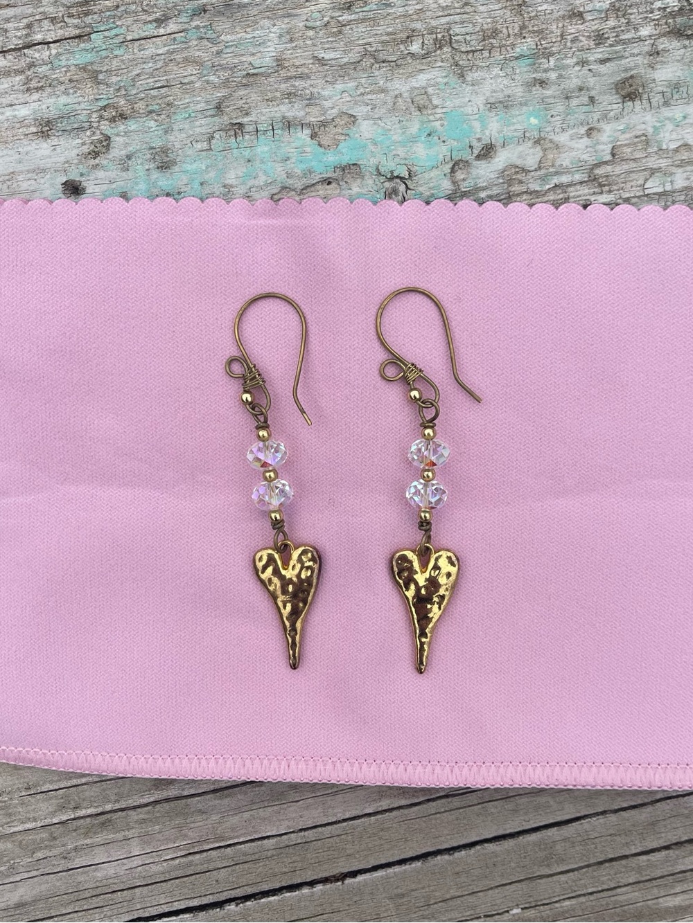 Handcrafted Gold Heart Drop Earrings with Swarovski Crystals